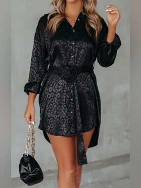 Vici Vicky Satin Embossed Belted Shirt Dress - Black